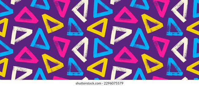 Colorful geometric seamless pattern with bold triangles. Geometric abstract texture, horizontal vector bright color banner. Brush drawn grunge triangles with rough edges and dry texture. Trendy design