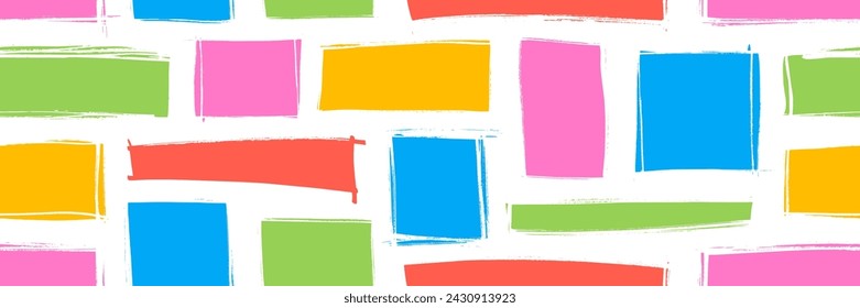 Colorful geometric seamless pattern with bold straight shapes and rectangles. Hand drawn kid's style banner background with square and rectangle frames. Abstract texture with bricks, speech bubbles.