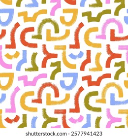Colorful geometric seamless pattern with bold arched brush strokes and curved lines. Hand drawn trendy antique motif background. Labyrinth or maze wrapping paper. Funky kid's ornament.