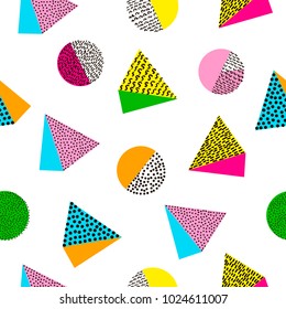 Colorful geometric seamless pattern. Bright background. 80's - 90's years design style. Trendy. Vector illustration
