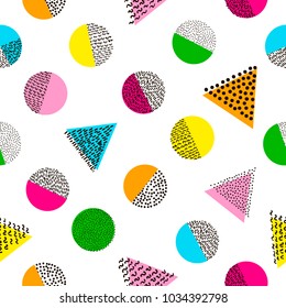 Colorful geometric seamless pattern. Bright background. 80's - 90's years design style. Trendy. Vector illustration