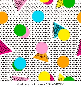 Colorful geometric seamless pattern. Bright background. 80's - 90's years design style. Trendy. Vector illustration