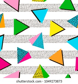 Colorful geometric seamless pattern. Bright background. 80's - 90's years design style. Trendy. Vector illustration