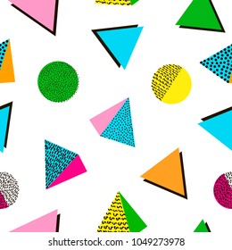 Colorful geometric seamless pattern. Bright background. 80's - 90's years design style. Trendy. Vector illustration