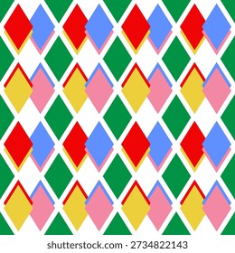 Colorful geometric seamless pattern created from rhombus shapes by overlapping  with red, blue, pink, and yellow on white background. For use as wallpaper or textile design.