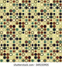 Colorful geometric seamless pattern. The elements have round shape and different color, arranged on light green. Useful as design element for texture and artistic composition.