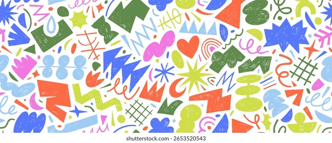 Colorful geometric seamless pattern with funky crayon drawn shapes. Abstract pencil doodle shapes, naive geometric figures and forms. Sketchy colorful seamless banner design. Kid's wrapping paper.