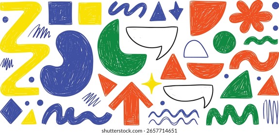 Patrón geométrico inconsútil colorido con Formas dibujadas de crayón funky. Abstractas Formas de doodle de lápiz, figuras geométricas ingenuas y formas. Diseño de Anuncio inconsútil colorido incompleto. 