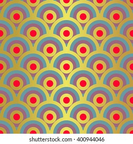 Colorful geometric seamless pattern with golden squama shapes. Vintage Luxury style background in vector. Abstract bright seamless semi circles retro background. Squama or scales texture design