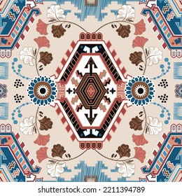 Colorful geometric seamless pattern. Ornamental symmetry wallpaper. Decor with rhombus and flowers. Decorative print, vector