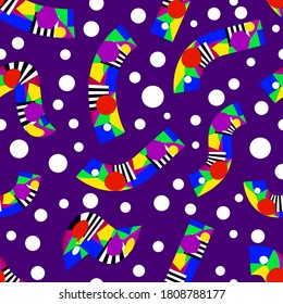 Farbiges geometrisches, nahtloses Muster mit Polka-Punkt auf violettem Hintergrund