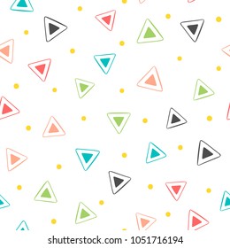 Colorful geometric seamless pattern. Repeated triangles and round dots. Drawn by hand. Endless print for children. Colored vector illustration.