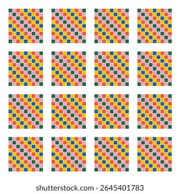 Colorful geometric seamless pattern with retro mosaic style in shades of pink, orange, green, yellow and blue. Suitable for textile design, wrapping paper, wallpaper and digital backgrounds.