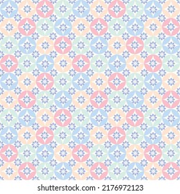 Patrón geométrico y transparente colorido. Diseño gráfico de ornamentos redondos sobre fondo amarillo claro. El diseño de la superficie es moderno y elegante. Vector simétrico. Tela textil, de vivero. Patrón de mosaico.