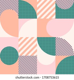 Colorful geometric seamless pattern in Scandinavian style. Abstract vector background with multicolor simple shapes and textures.
