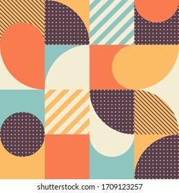 Colorful geometric seamless pattern in Scandinavian style. Abstract vector background with multicolor simple shapes and textures.