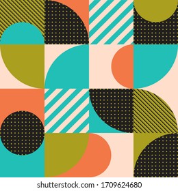 Colorful geometric seamless pattern in Scandinavian style. Abstract vector background with multicolor simple shapes and textures.