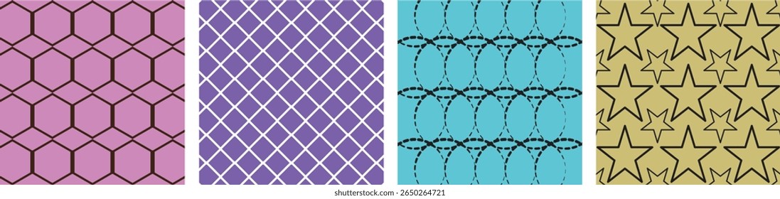 "Colorful Geometric Seamless Pattern Set with Honeycomb, Lattice, Wave, and Star Shapes, Ideal for Backgrounds, Fabrics, Crafts, Wallpapers, Scrapbooking, and Digital Designs"
