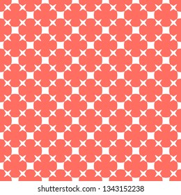 Colorful geometric seamless pattern. Simple vector abstract texture with small squares, crosses, circles. Coral and white color. Funky minimalist background. Modern repeat design for decor, wallpapers