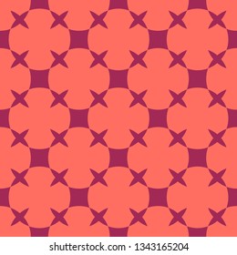 Colorful geometric seamless pattern. Simple vector abstract texture with squares, crosses, circles, grid. Coral and dark red color. Funky minimal background. Modern repeat design for decor, textile