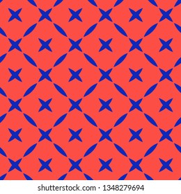 Colorful geometric seamless pattern. Simple vector abstract texture with crosses, grid, net, lattice. Bright blue and red color. Funky minimalist background. Modern repeat design for decor, cover, web