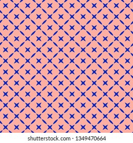 Colorful geometric seamless pattern. Simple vector abstract texture with small crosses, grid, net, lattice. Bright blue and pink color. Funky minimalist background. Modern repeatable minimal design