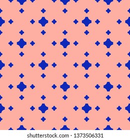 Colorful geometric seamless pattern. Simple vector abstract texture with small crosses, floral shapes. Bright blue and pink color. Funky minimalist background. Repeat design for decor, prints, textile