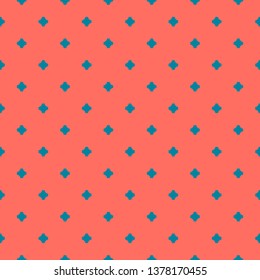 Colorful geometric seamless pattern. Simple vector abstract texture with small crosses, dots. Turquoise green and living coral color. Funky minimalist background. Repeat design for decor, prints, wrap