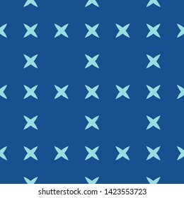 Colorful geometric seamless pattern. Simple abstract vector texture with small crosses, flower silhouettes. Navy blue and cyan color. Minimalist funky background. Repeat design for decor, textile