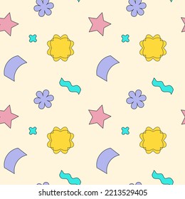 Patrón geométrico de formas simples y sin costuras coloridas. Patrón vectorial de estrellas, flores, cruces de estilo memphis. Ilustración de arte pop retro.