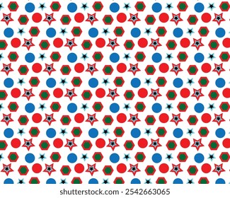 Colorful Geometric Seamless Pattern with Stars, Circles, and Hexagons – Playful Abstract Background for Textile, Wrapping Paper, and Graphic Design Projects