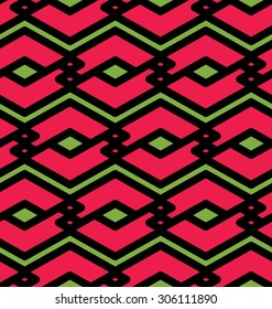 Colorful geometric seamless pattern, symmetric endless vector background with intertwine lines. Abstract concept splicing red covering.