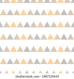 Colorful geometric seamless pattern with triangles. Abstract vector pyramids. Festive artistic illustration for fabric design, wallpaper, decorative paper, web design, background, postcard.