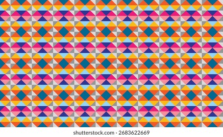 Padrão contínuo geométrico colorido com triângulos e formas de diamante em tons vibrantes de laranja, azul, roxo e rosa