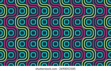 Padrão contínuo geométrico colorido com linhas de néon ondulantes e formas quadradas arredondadas, criando uma textura retrô vibrante e abstrata