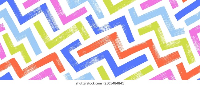 Patrón geométrico inconsútil colorido con trazos de pincel en zigzag. Laberinto o laberinto de motivos en el estilo colorido de los niños. Abstractas fondo geométrico en zigzag. Frotis audaces de colores brillantes. Formas de garabato de Vector