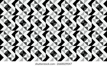Farbiges geometrisches nahtloses Muster mit Zickzack- und Dreiecksformen in Schwarz, Weiß und Grau