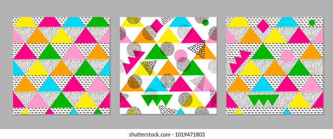 Colorful geometric seamless patterns. Bright backgrounds. 80's - 90's years design style. Trendy. Vector illustration