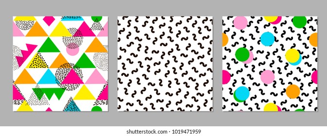 Colorful geometric seamless patterns. Bright backgrounds. 80's - 90's years design style. Trendy. Vector illustration