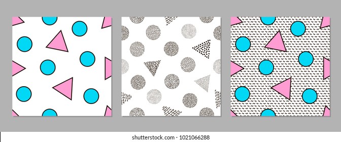 Colorful geometric seamless patterns. Bright backgrounds. 80's - 90's years design style. Trendy. Vector illustration