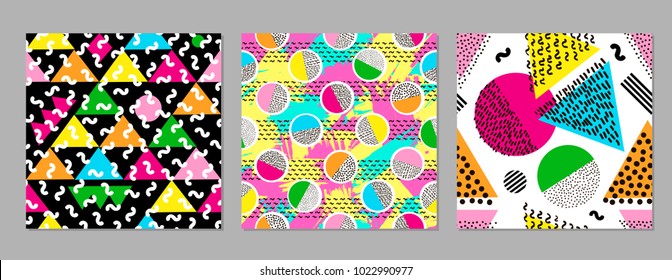 Colorful geometric seamless patterns. Bright backgrounds. 80's - 90's years design style. Trendy. Vector illustration
