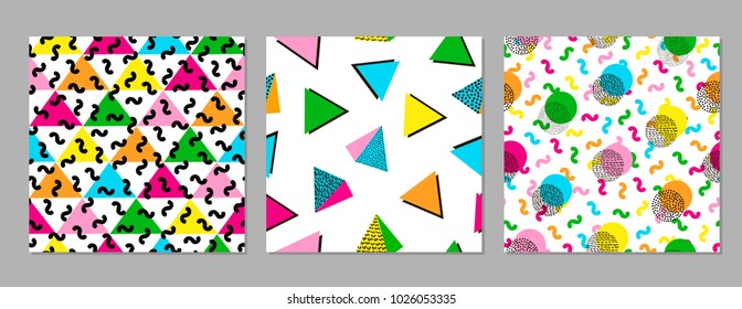 Colorful geometric seamless patterns. Bright backgrounds. 80's - 90's years design style. Trendy. Vector illustration