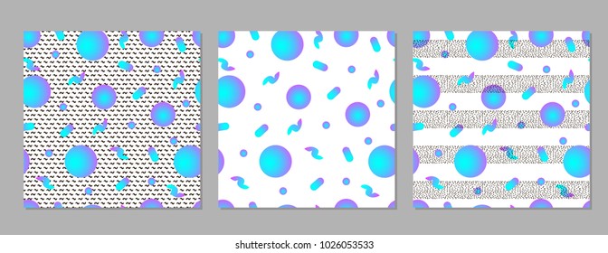 Colorful geometric seamless patterns. Bright backgrounds. 80's - 90's years design style. Trendy. Vector illustration