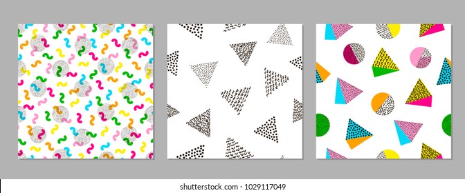 Colorful geometric seamless patterns. Bright backgrounds. 80's - 90's years design style. Trendy. Vector illustration