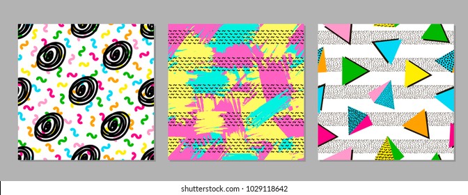 Colorful geometric seamless patterns. Bright backgrounds. 80's - 90's years design style. Trendy. Vector illustration