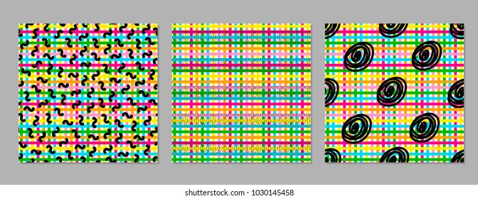 Colorful geometric seamless patterns. Bright backgrounds. Trendy. Vector illustration
