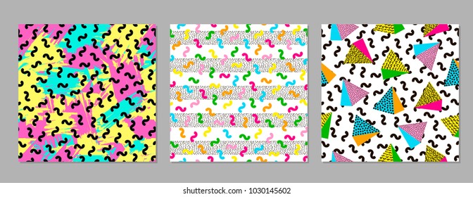 Colorful geometric seamless patterns. Bright backgrounds. Trendy. Vector illustration