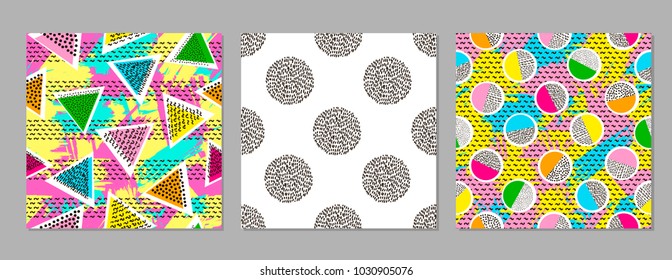 Colorful geometric seamless patterns. Bright backgrounds. Trendy. Vector illustration