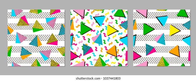 Colorful geometric seamless patterns. Bright backgrounds. 80's - 90's years design style. Trendy. Vector illustration