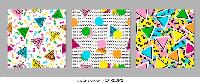 Colorful geometric seamless patterns. Bright backgrounds. 80's - 90's years design style. Trendy. Vector illustration
